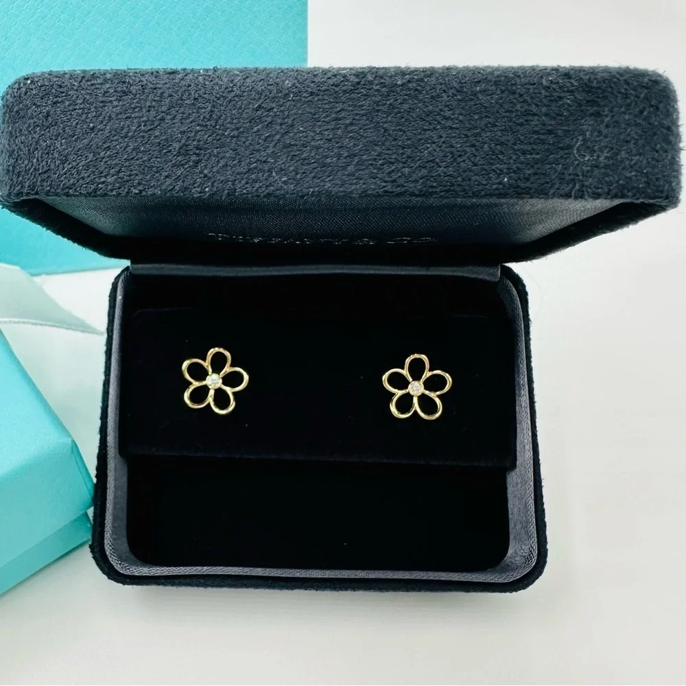 RARE Tiffany & Co. Diamond 18K Yellow Gold Garden Flower Earrings with Packaging